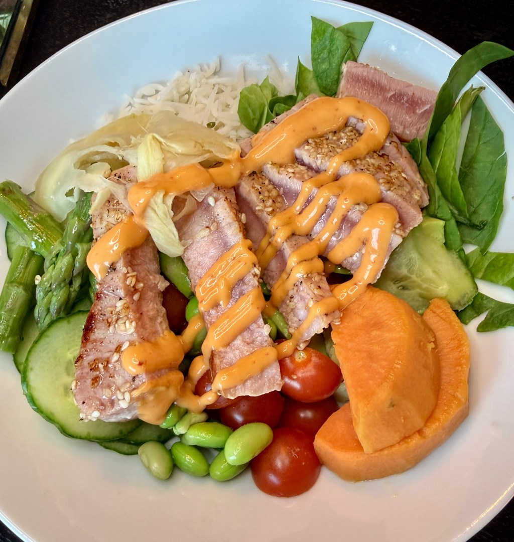 image of a high protein meal in the form of a poke bowl with seared tuna