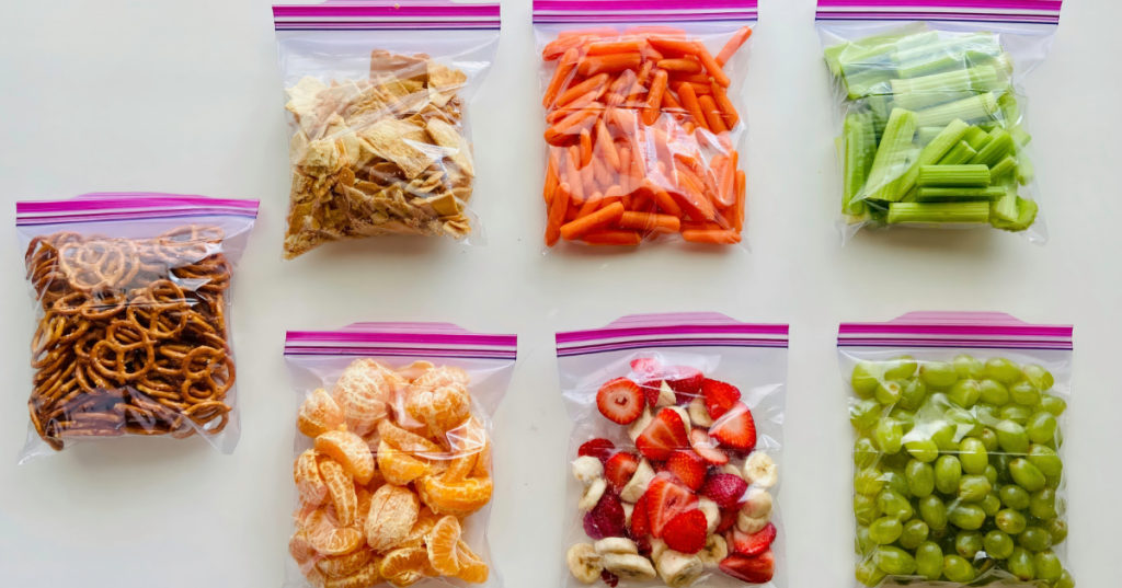 Bagged fruit snacks prepared in advance to support meal planning, healthy eating, and weight loss.