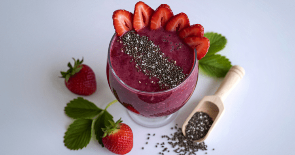 Creamy chia seed smoothie in a glass topped with berries – healthy anti-inflammatory breakfast rich in fiber and omega-3.