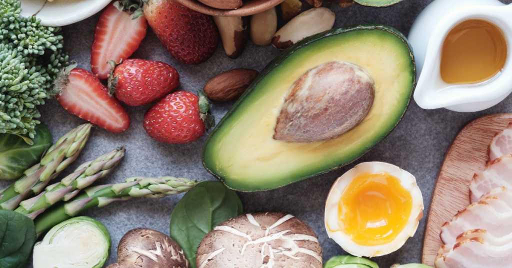 close up of low carb diet foods like eggs and avocado