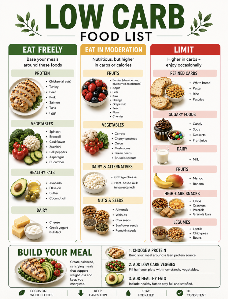 Printable low carb food list chart organized into “eat freely,” “eat in moderation,” and “limit” categories, featuring foods like meat, fish, eggs, low-carb vegetables, healthy fats, and reduced-carb options in a clean, easy-to-read layout.