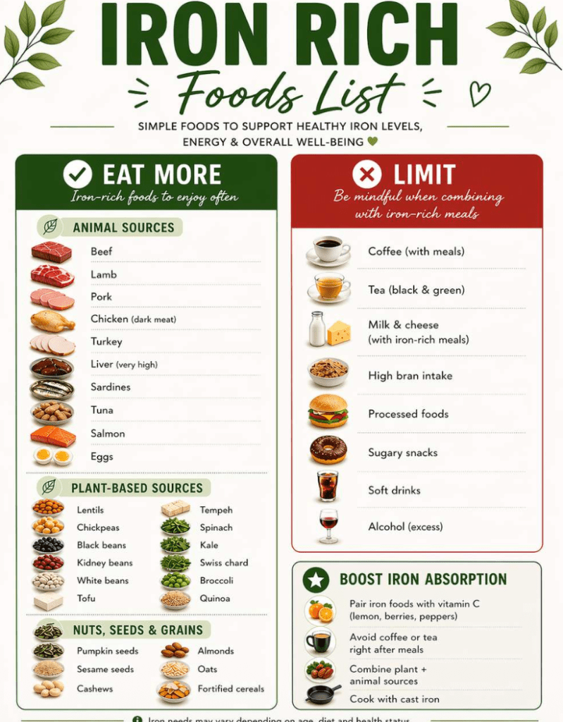 Printable iron-rich food list chart showing foods high in iron, organized into easy-to-follow categories like animal-based sources, plant-based foods, and nuts and seeds, designed as a clean and simple visual guide for everyday use.
